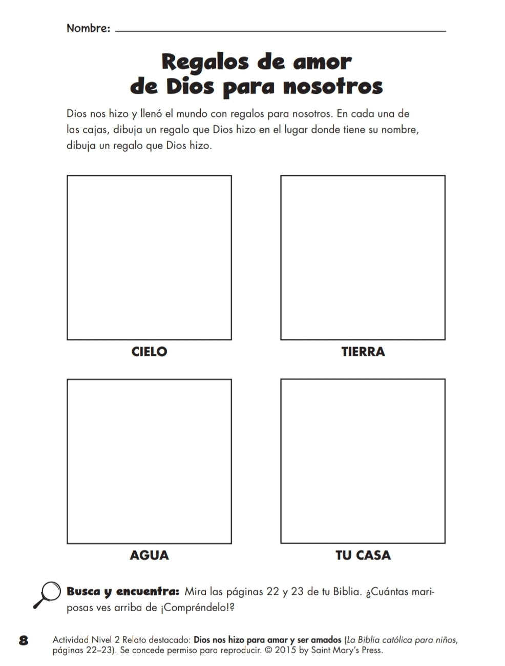 El cuaderno de actividades para la Biblia católica para niños