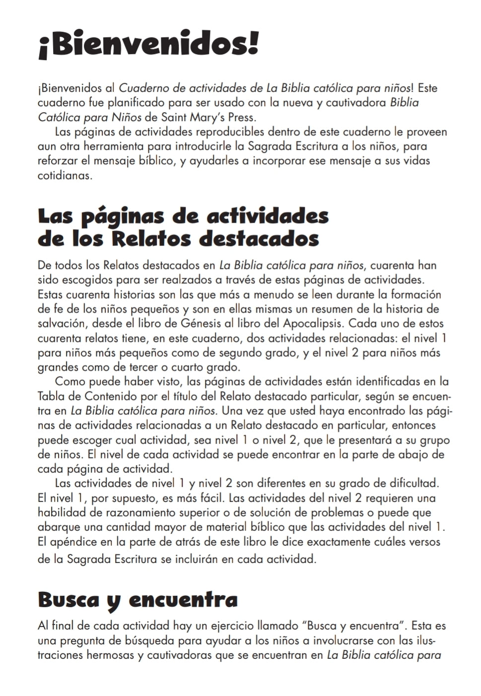 El cuaderno de actividades para la Biblia católica para niños