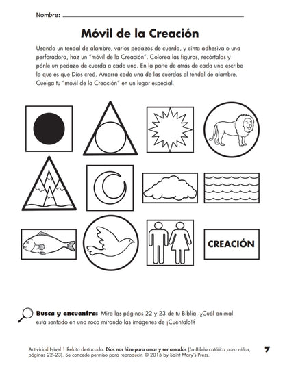 El cuaderno de actividades para la Biblia católica para niños