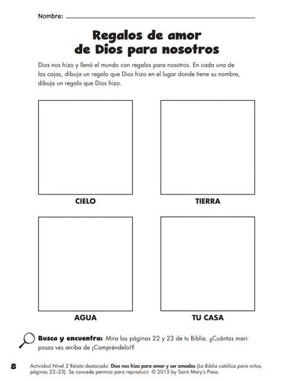El cuaderno de actividades para la Biblia católica para niños