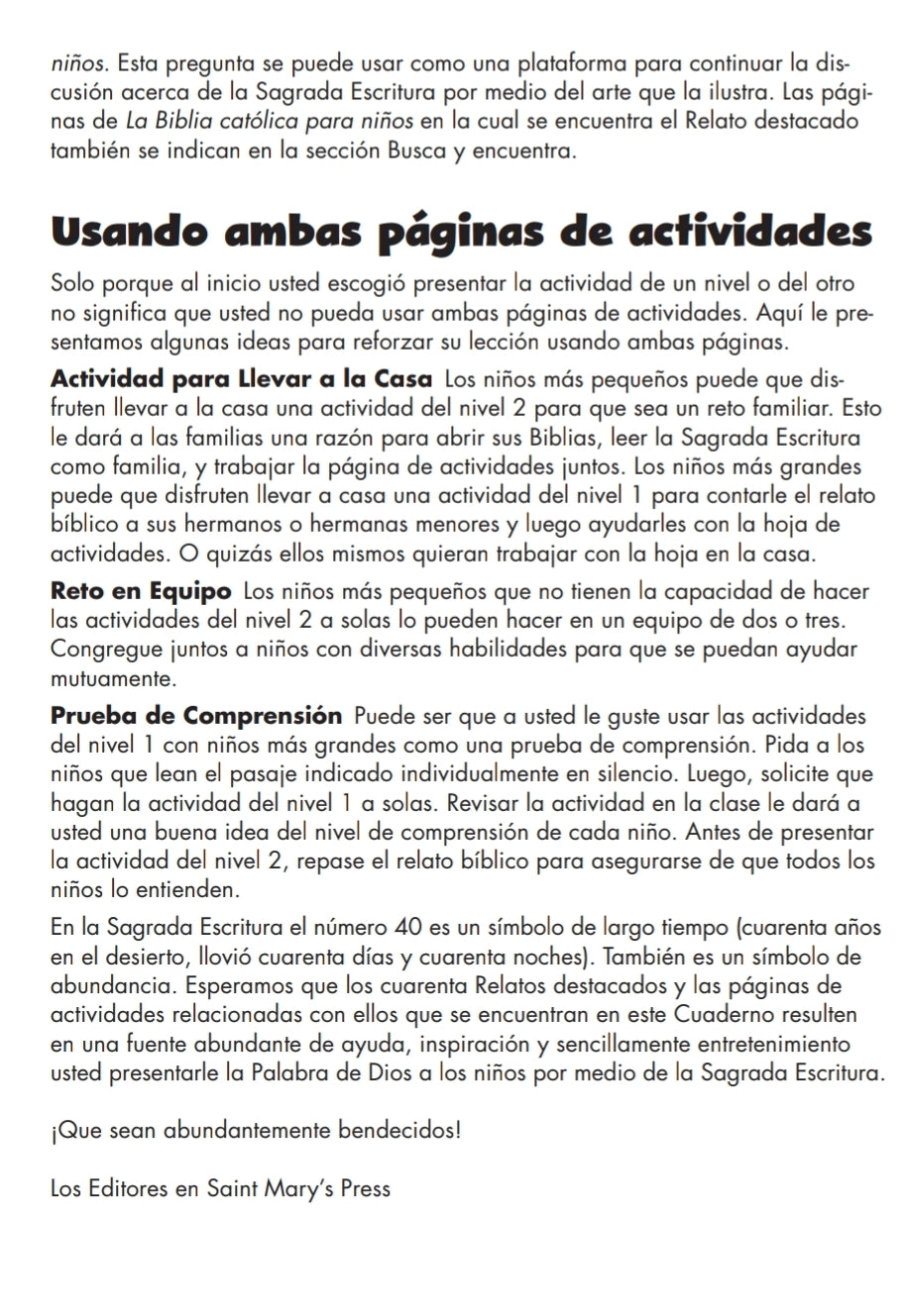 El cuaderno de actividades para la Biblia católica para niños
