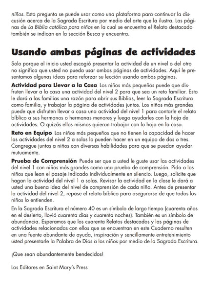 El cuaderno de actividades para la Biblia católica para niños